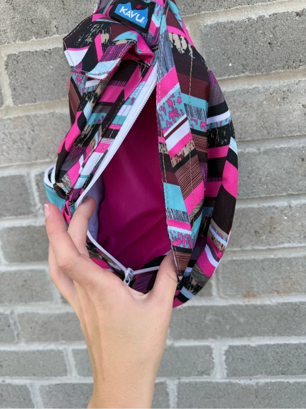 Kavu Pink, Brown & Teal Geometric Sling Backpack